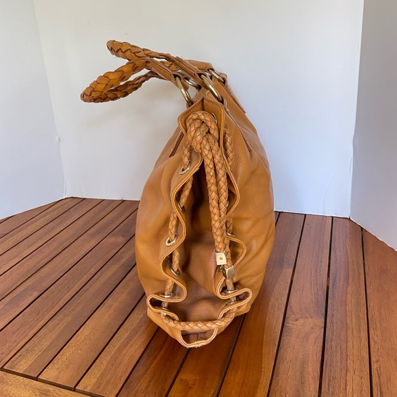 MICHAEL KORS MK COGNAC WHISKEY TAN LEATHER TOTE PURSE SHOULDER BAG DISTRESSED - Picture 2 of 11